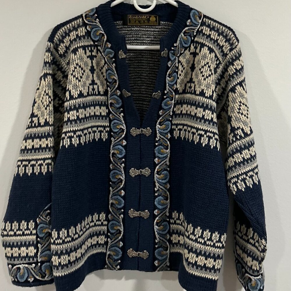 Vintage Nordstrik Wool Knit Cardigan Sweater Fair Isle Sz M 38" Chest - Picture 2 of 6